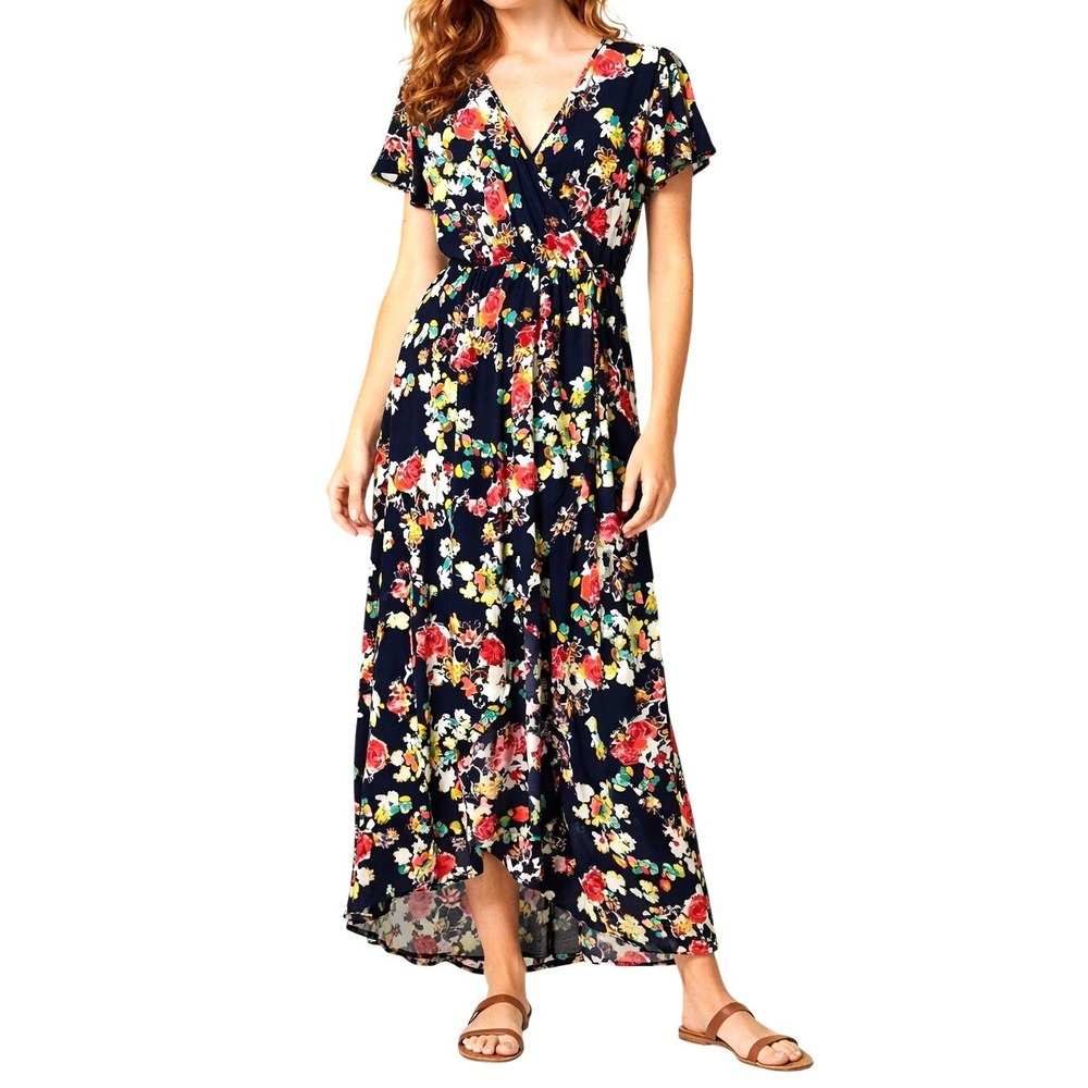 Elie McCarthy Floral Maxi Dress Womens Small Navy Blue Faux Wrap High Low‎ Hem